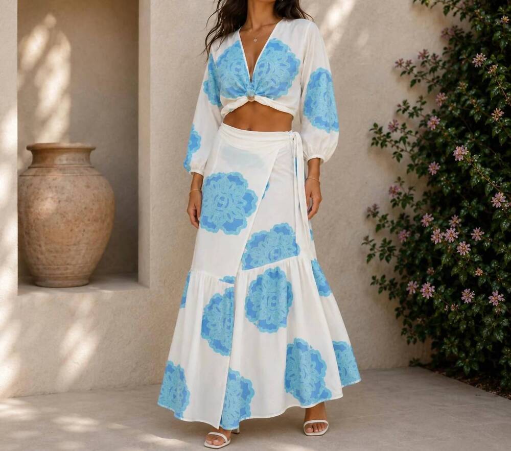 NEW MYSTERY RESORT azure bloom long sleeve maxi skirt set in ciel